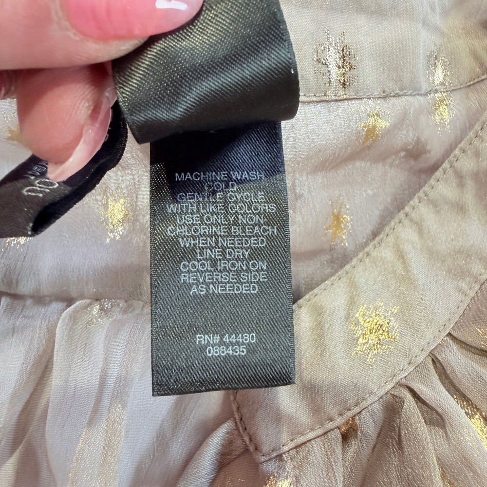 Bisou Bisou Michele Bohbot Gold Starburst Sheer Blouse Taupe Brown L  328C4 - Picture 5 of 7